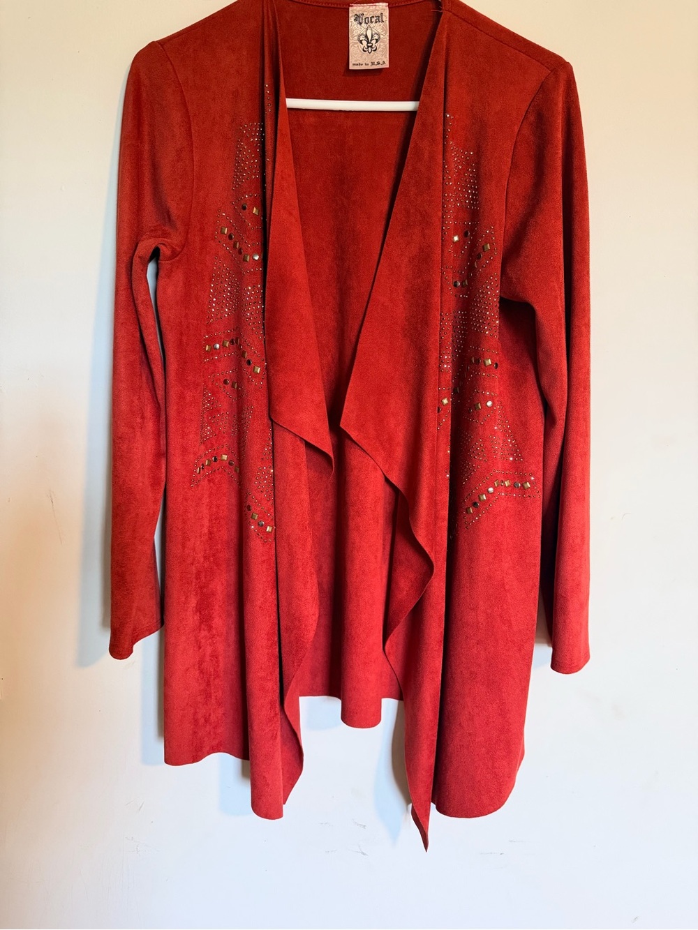 Vocal Red Open-Front Drape Cardigan with Stud Accents